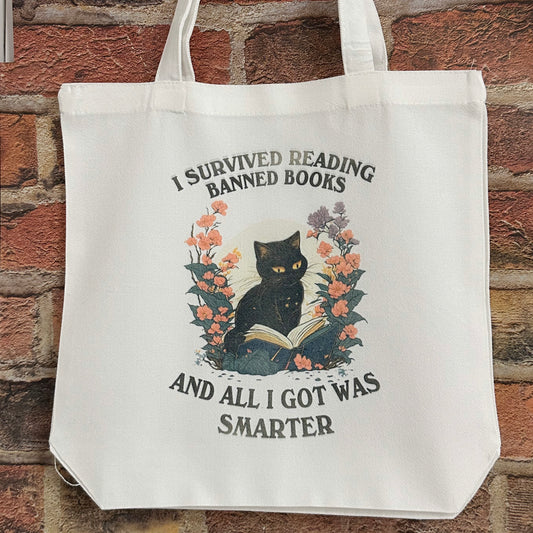 I Survived Reading Banned Books Cat Tote Bag